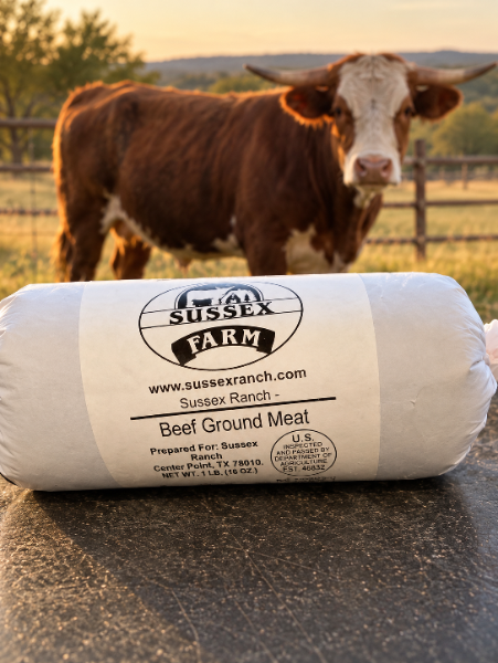 Sussex Ranch 1 lb ground beef package in front of a Hereford steer at sunset